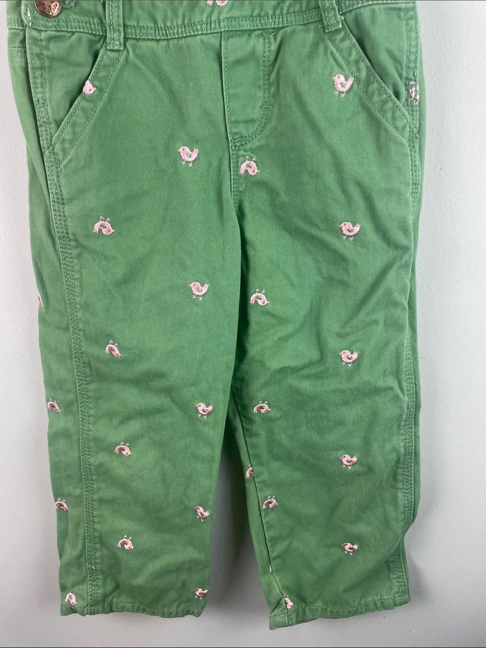 OshKosh B'gosh Green Overalls with Pink Embroidered Birds Size 3 toddler